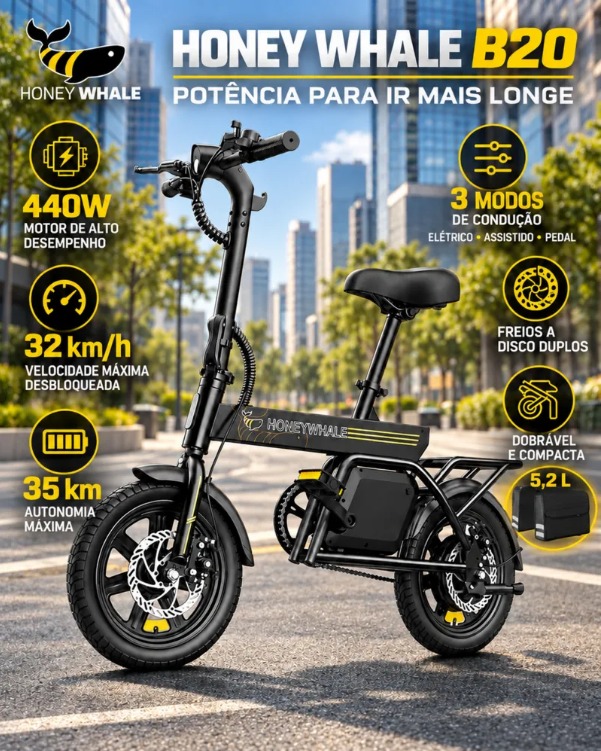 BICICLETA ELETRICA HONEY WHALE B20, 440W 35KM